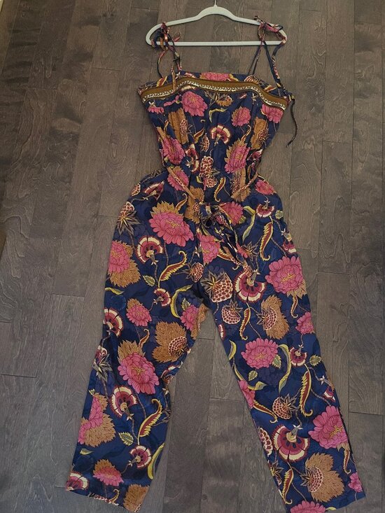 Jaase Pants - Jaase Womens Size Large Blue Floral Jumpsuit Sleeveless Cropped Boho Embroidere